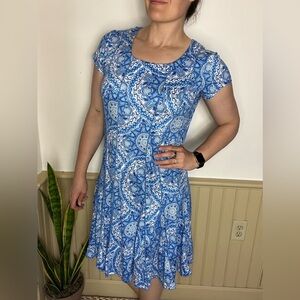 Tango Mango Paisley Blue Fit & Flare Stretch Dress Size L Boho Resort Vibes
